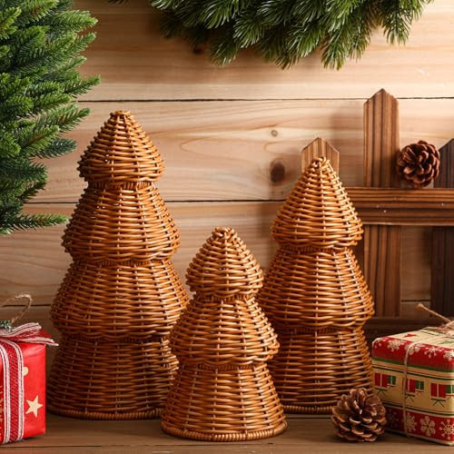 Bucherry 3 Pcs Rattan Christmas Tree Decor Rustic Christmas Tabletop Decor Woven Small Xmas Tree Figurine Statue Set for Farmhouse Table Centerpiece in Living or Dining Room | Amazon (US)