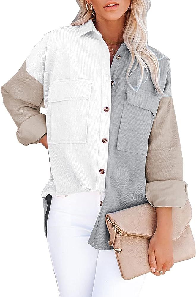 SHEWIN Womens Corduroy Long Sleeve Button Down Shirt Collared Jacket Tops | Amazon (US)