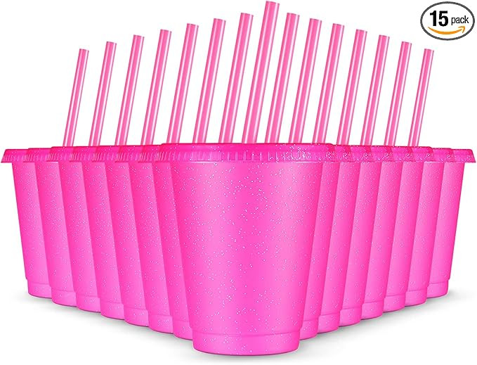 Rtteri 15 Pcs Reusable Cups with Straws and Lids 16 oz Glitter Tumblers Plastic Party Favor Cups ... | Amazon (US)