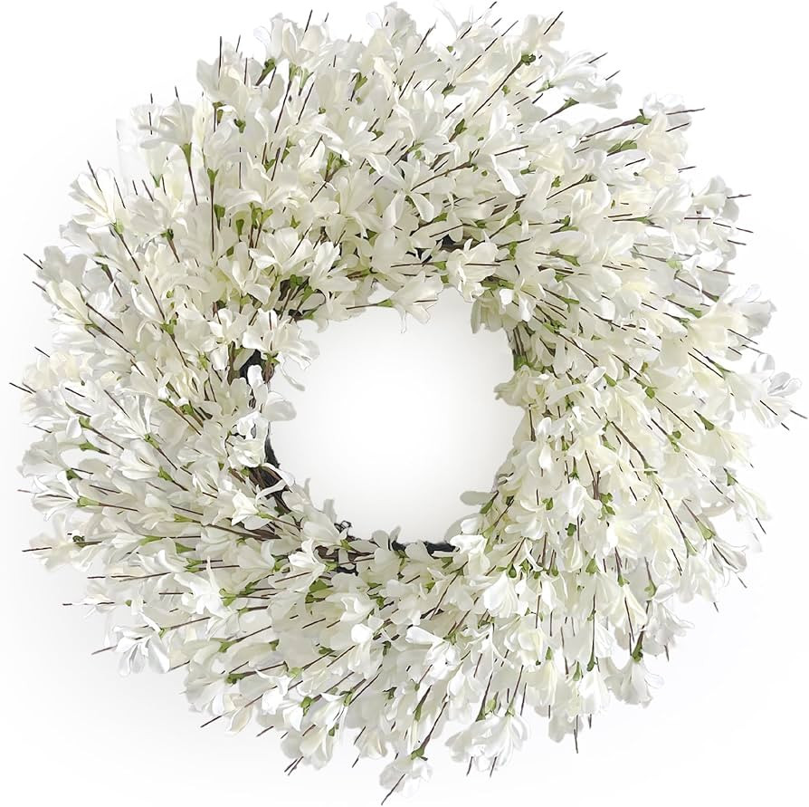 Spring Wreath for Front Door, 24 Inch White Cream Forsythia Spring Wreath Blossom Cluster Flower ... | Amazon (US)