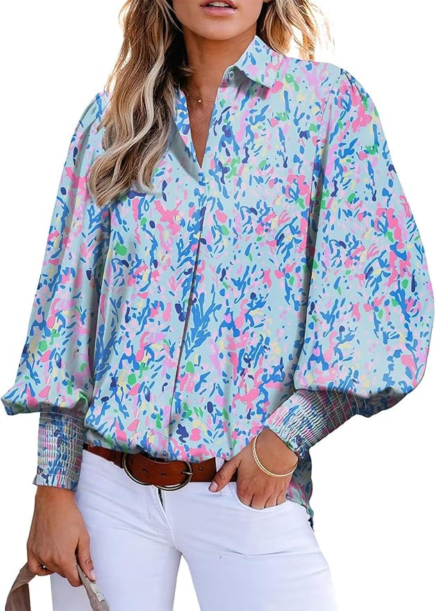 Astylish Women Loose V-Neck Shirts Paisley Print Lantern Sleeve Blouse Tops | Amazon (US)