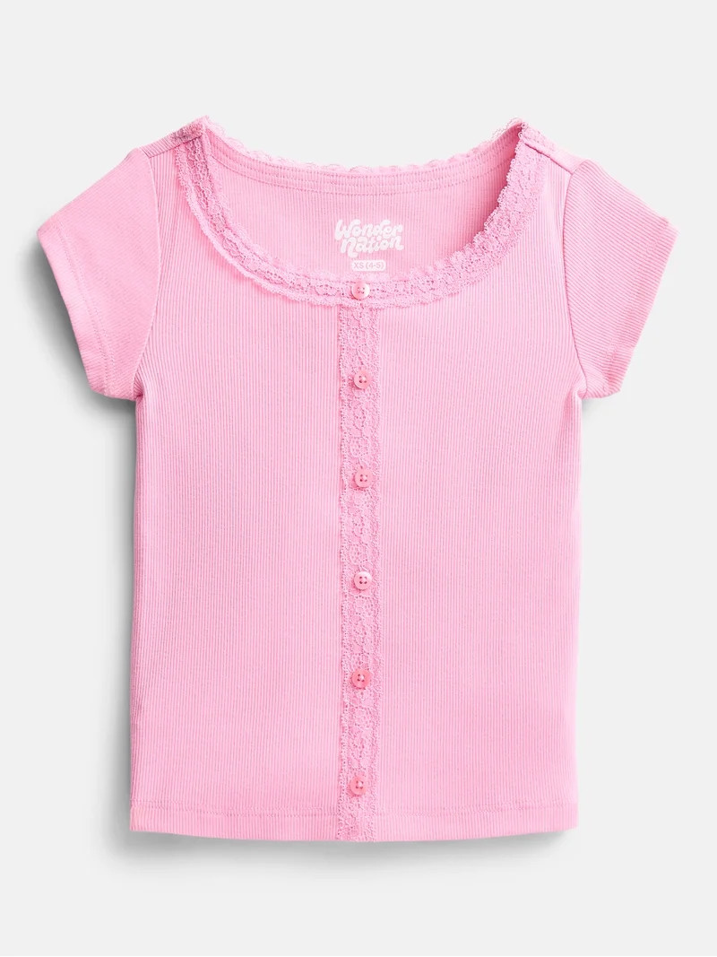 Wonder Nation Girls' Lace and Button Front Top with Short Sleeves, Sizes 4-18 & Plus | Walmart (US)
