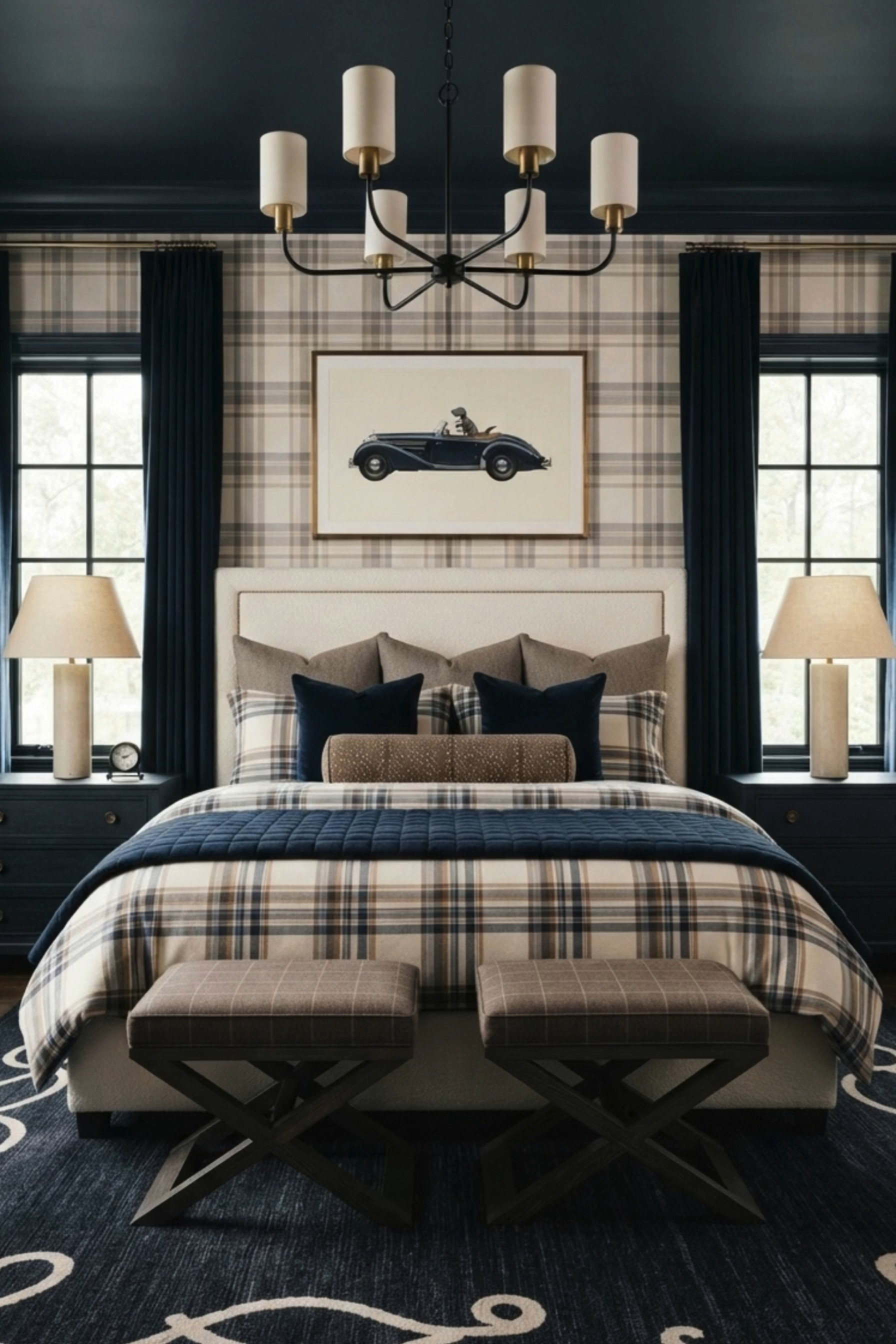 Preppy Plaid Bedroom Inspiration 💙 This polished bedroom blends classic traditional style with tailored preppy decor, featuring plaid wallpaper, coordinating plaid bedding, deep navy curtains, a navy painted ceiling, and a crisp upholstered bed. Layered blue velvet pillows, symmetrical black nightstands, oversized table lamps, plaid stools, a statement chandelier, and vintage car artwork create a timeless designer bedroom with a sophisticated masculine feel. 🖤 If you want to see more content like this, FOLLOW maeveandmodern on LTK, Instagram, and Pinterest! Check out our blog where we post daily, maeveandmodern.com! Preppy Bedroom Decor | Plaid Bedroom | Plaid Wallpaper | Plaid Bedding | Navy Bedroom Ideas | Blue Bedroom Decor | Traditional Bedroom | Masculine Bedroom Decor | Classic Bedroom Style | English Country Bedroom | Tailored Bedroom | Upholstered Bed | Navy Curtains | Dark Painted Ceiling | Blue Velvet Pillows | Layered Bedding | Plaid Duvet Cover | Black Nightstands | Bedroom Table Lamps | Statement Chandelier | Plaid Ottoman | Bedroom Stools | Vintage Car Art | Vintage Inspired Decor | Designer Bedroom Ideas | Moody Blue Bedroom | Grandmillennial Bedroom | Timeless Home Decor | Cozy Bedroom Inspiration | Traditional Home Style

#LTKHome #LTKMens #LTKKids