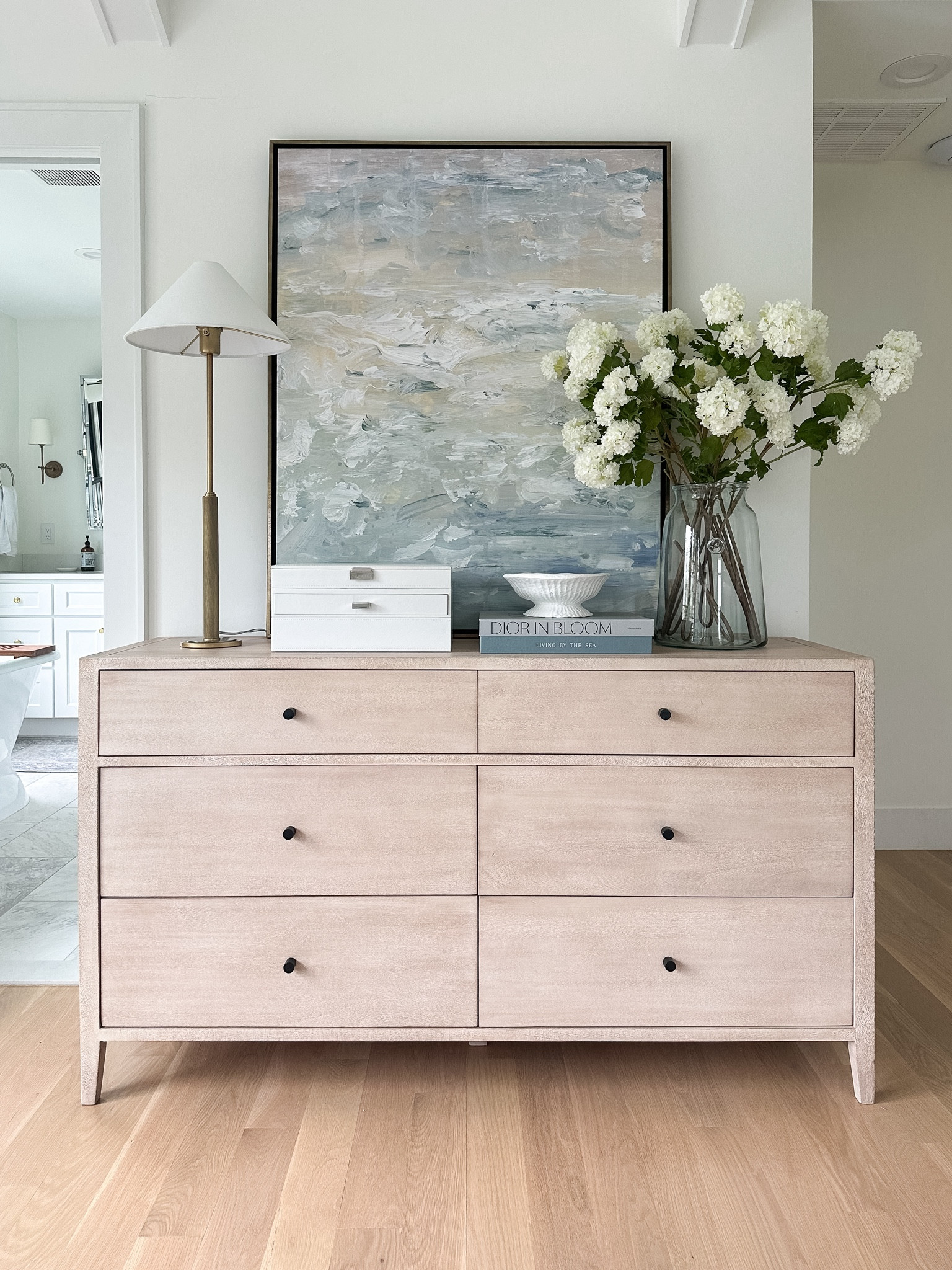Bedroom, dresser, pottery, barn, white washed, light, wood, six drawer dresser, modern coastal, bedroom, dresser styling, coastal art, floral, stems, jewelry box, home decor

#LTKStyleTip #LTKSaleAlert #LTKHome