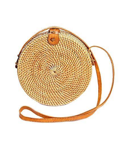 Rattan Bags for Women - Handmade Wicker Woven Purse Handbag Circle Boho Bag Bali (Brown Small) | Amazon (US)