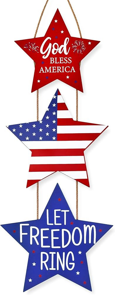 4th of July Patriotic Decorations Wooden Hanging Star Sign Red White Blue Americana Wall Door Dec... | Amazon (US)