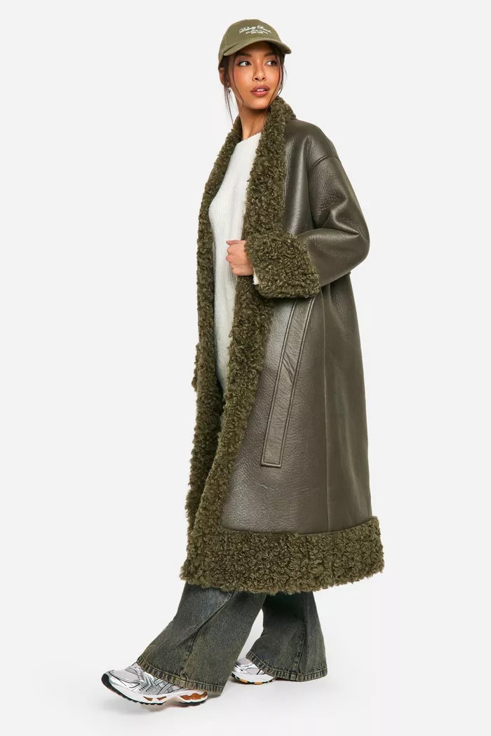 Teddy Trim Belted Faux Leather Coat | boohoo (US & Canada)