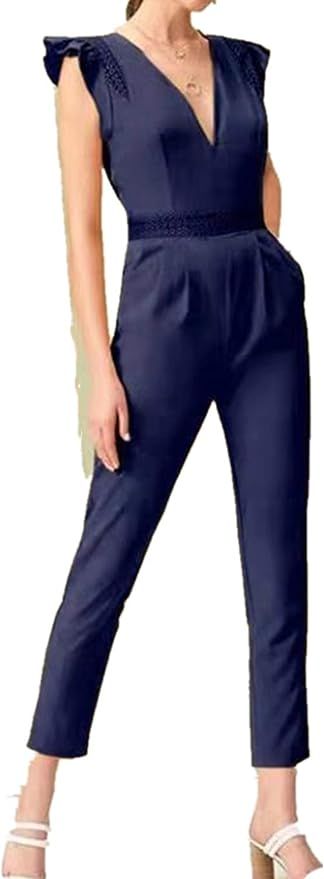 YingShang Women V-Neck Lace Pants Solid Color Ruffle Shoulder Jumpsuit S-4XL | Amazon (US)