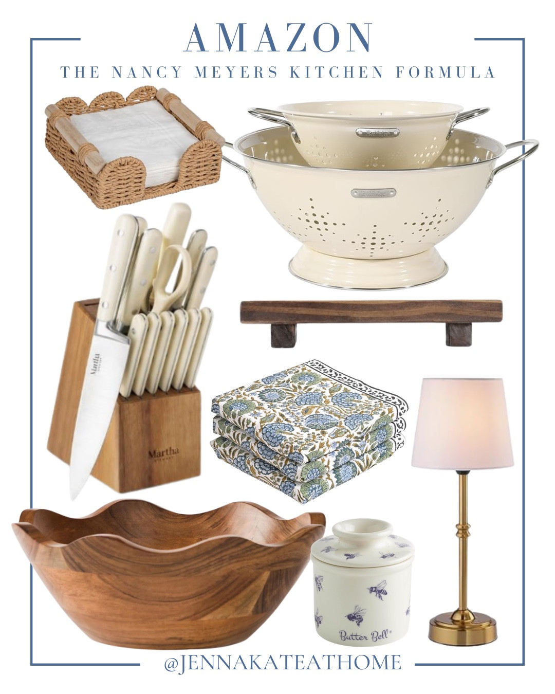 The Nancy Meyers kitchen formula includes colliders, napkin holder, knife block set, napkins, table lamp, wooden bowl, butter bell.

Home decor, kitchen finds, coastal home, looks for less

#LTKHome #LTKSeasonal #LTKSaleAlert