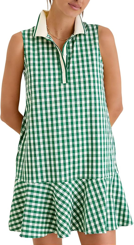 Womens Gingham Polo Dress V Neck Sleeveless Ruffled Hem Mini Dresses Plaid Button Front Tennis Dr... | Amazon (US)