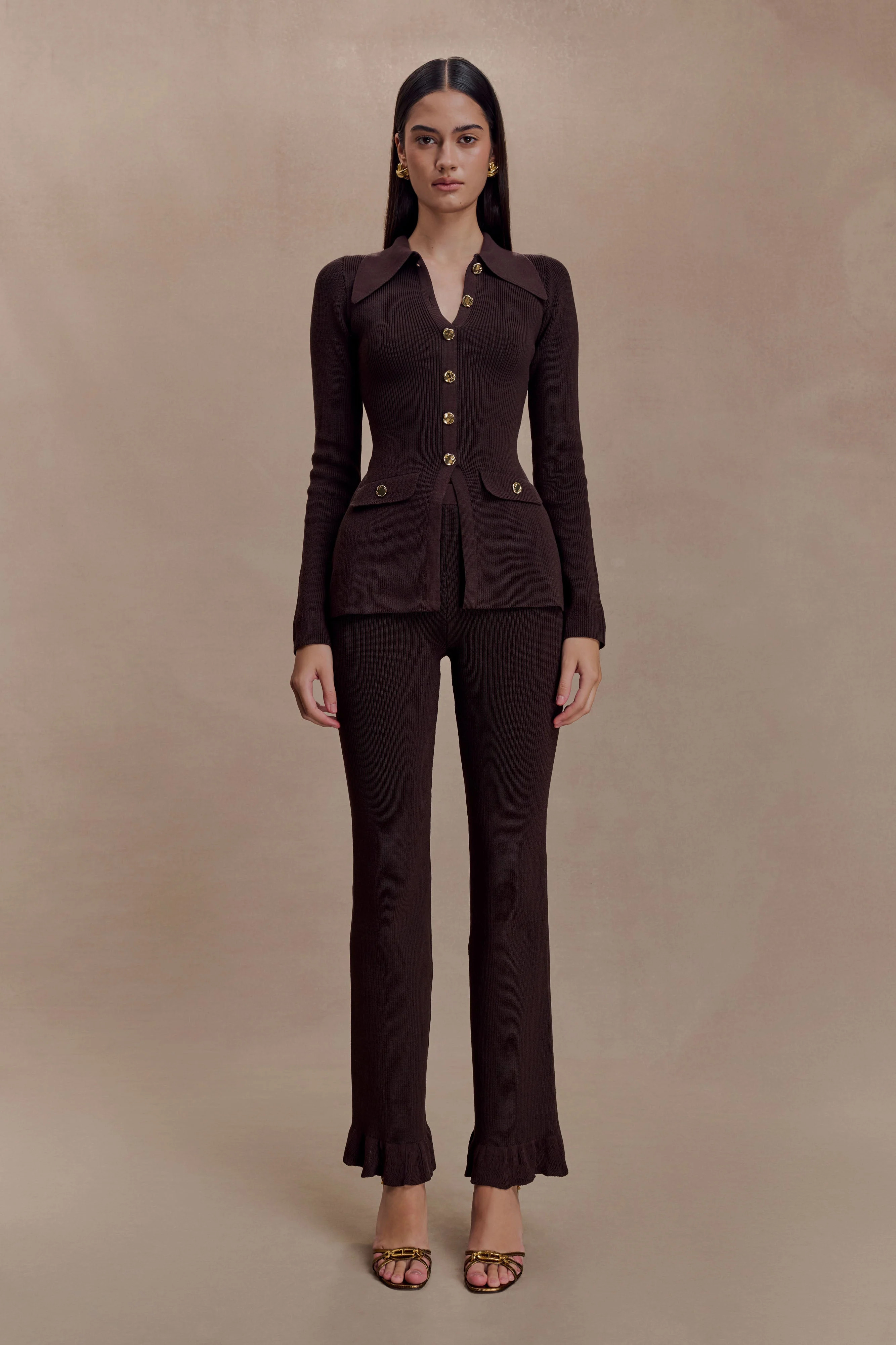 Ribbed Flared Pants - Chocolate | MESHKI US