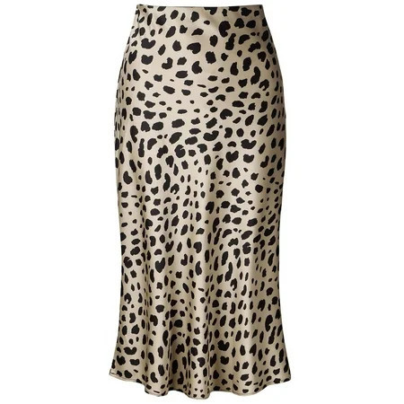 Keasmto Leopard Print Skirt for Women Midi Length Cheetah High Waist Silk Satin Summer Skirts XS | Walmart (US)