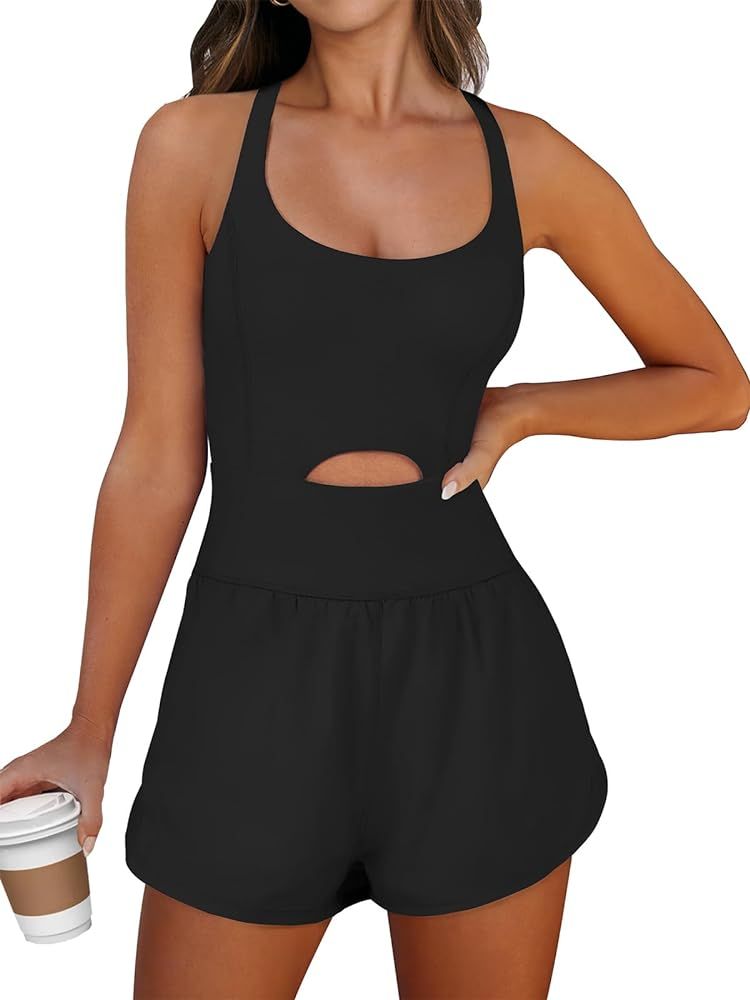 Caracilia Womens Workout Romper Running Short Athletic One Piece Jumpsuits Casual Summer Sets Outfits Exercise Gym Clothes | Amazon (US)