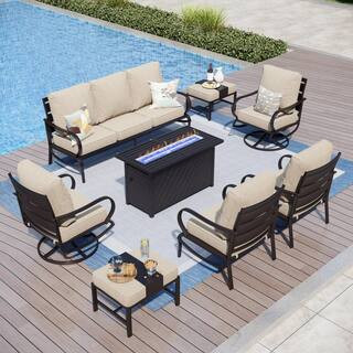 PHI VILLA Metal 9 Seat 8-Piece Outdoor Patio Conversation Set with Beige Cushions, Swivel Chairs,... | The Home Depot
