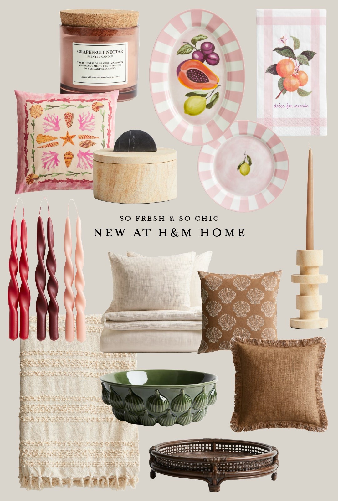 NEW home decor finds at H&M Home!
-
Affordable home decor - colorful home decor - colorful throw pillows - printed throw pillows - summer dining plates - stoneware candle holder - colorful twist taper candles - green ceramic bowl - 
Brown circle rattan tree tray  - neutral bedding - neutral textured throw blanket - pink and white striped plates - summer grapefruit candle - brown fringe throw pillow - brown, seashell printed throw pillow - ceramic container with lid - living room decor - dining room decor - summer party decor - H&M decor


#LTKFindsUnder50 #LTKStyleTip #LTKHome