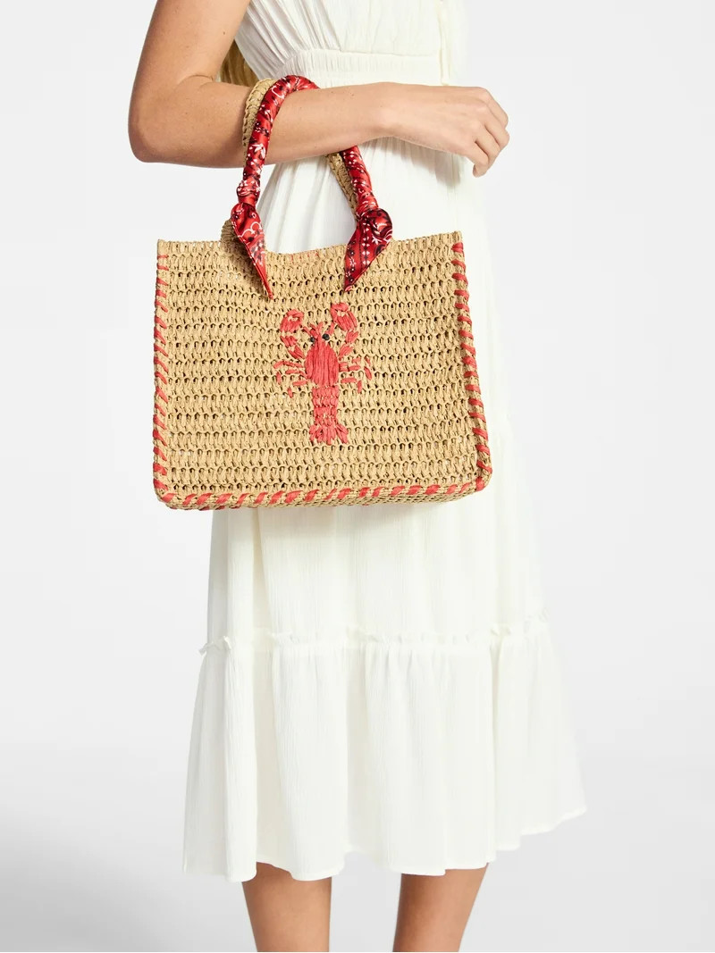 No Boundaries Women's Beach Icons Mini Straw Tote Bag, Natural with Lobster Embroidery | Walmart (US)