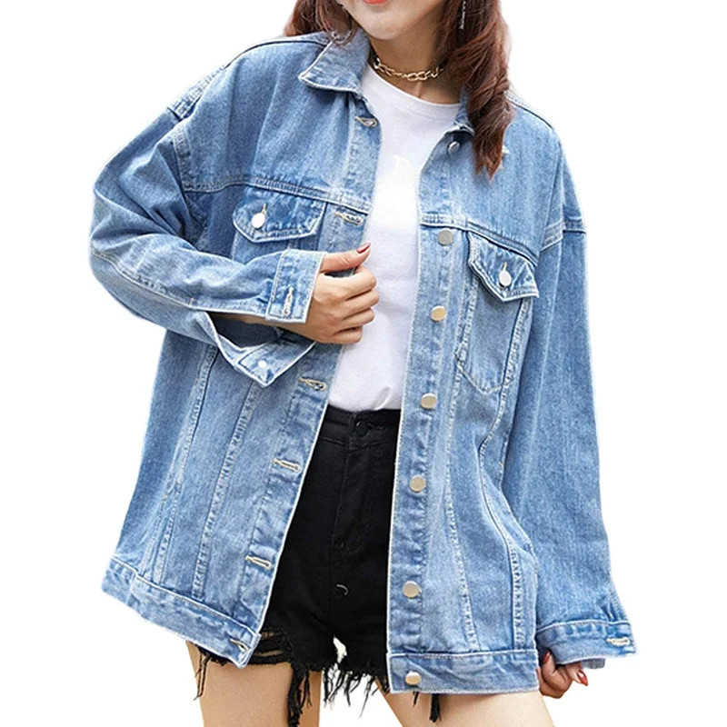 Women'S Oversized Mid Long Denim Jacket Jean Biker Coat Light Blue L | Walmart (US)