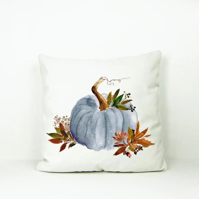 Gray Blue Pumpkin And Fall Leaves Accent Pillow Cover, Blue Pumpkin Watercolor Fall Décor Pillow... | Etsy (US)
