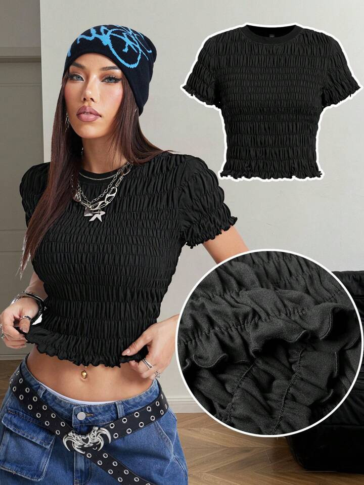 Coolane Women's Spring And Summer Date Night Streetwear Going Out Basic Sportswear Pleated Stretchy T-Shirt | SHEIN