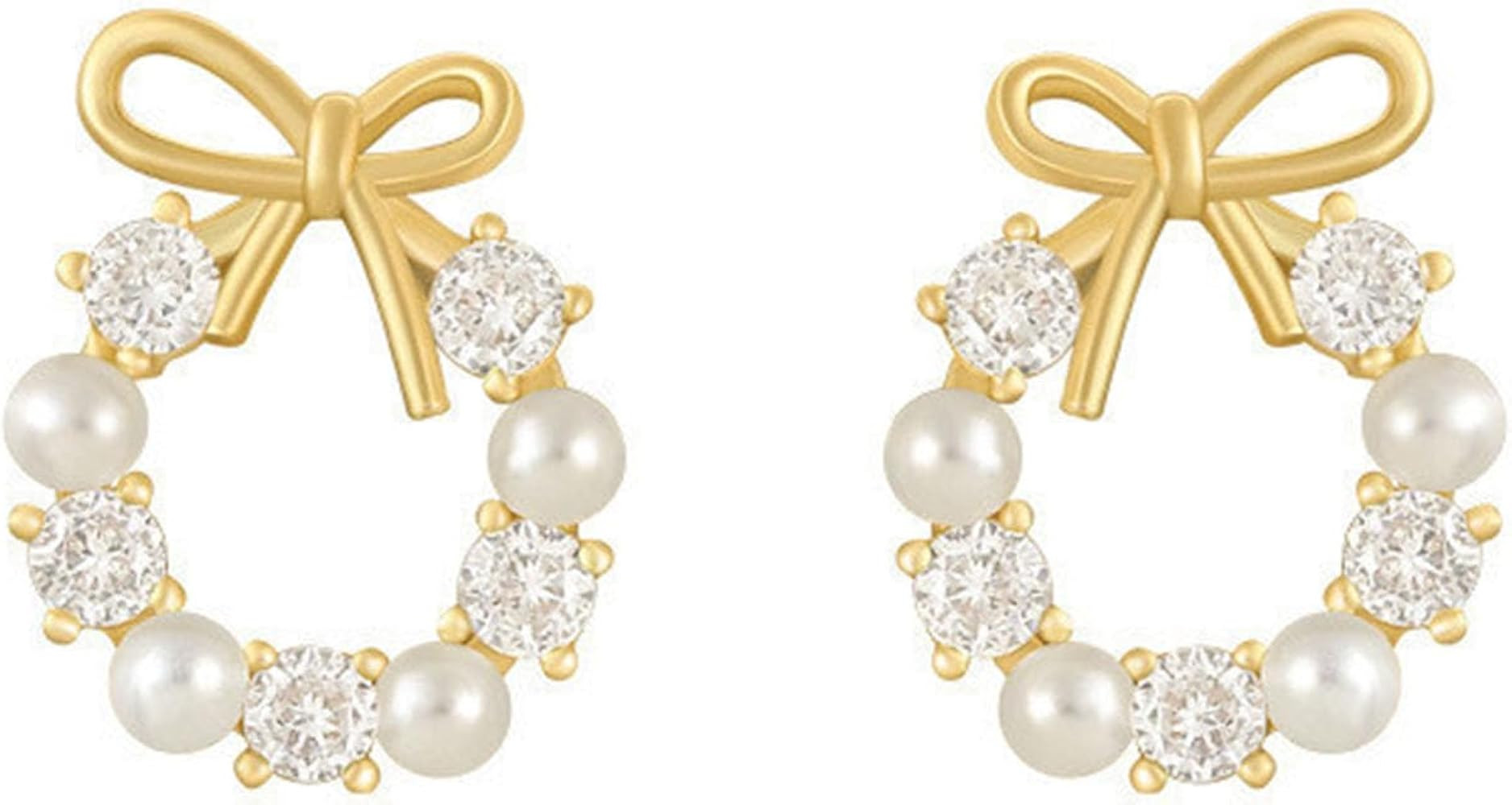 Gold Bow Earrings For Women Pearl Earrings Zirconia Flower Wreaths Earring Gold Zirconia Pearl Bo... | Amazon (US)