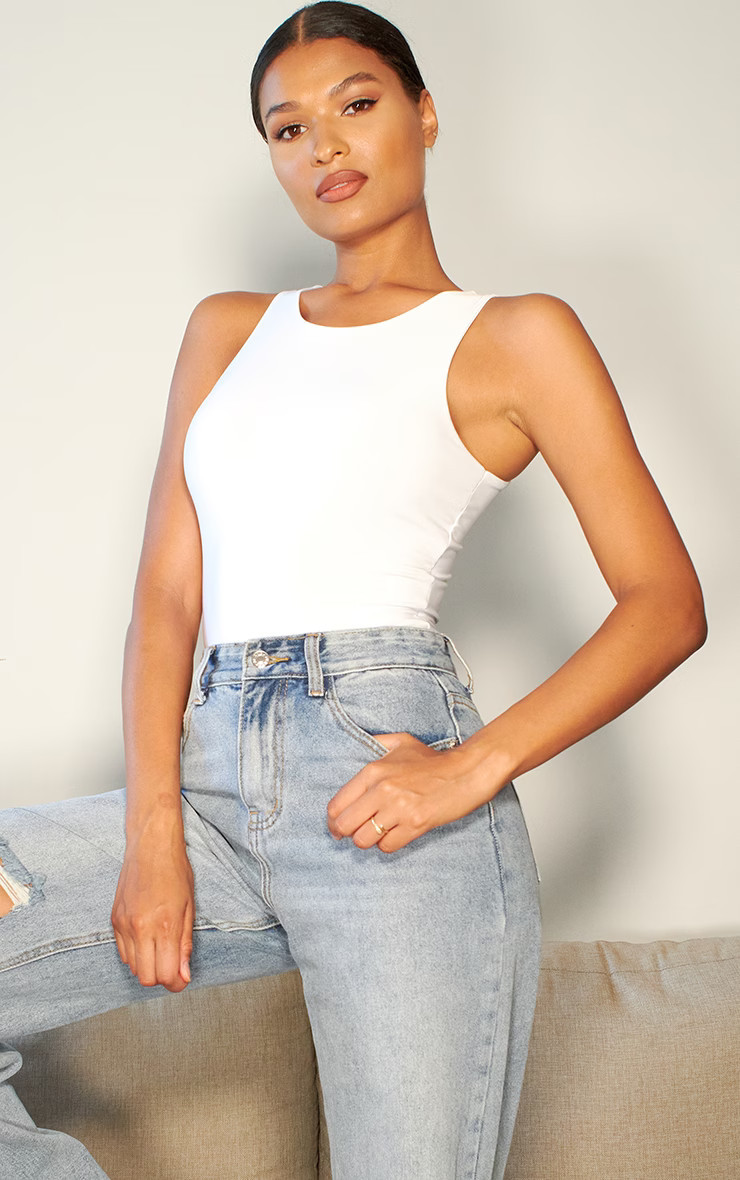 White Basic Slinky Racer Bodysuit | PrettyLittleThing US