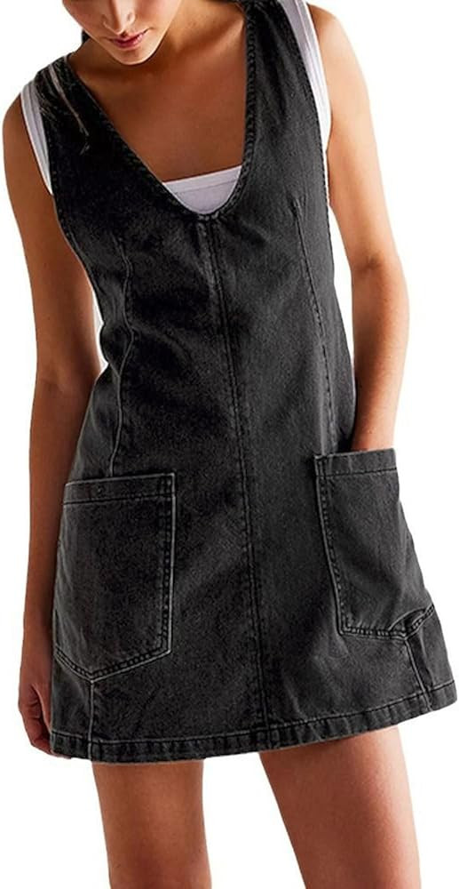 yoeasy Women's V Neck Sleeveless Denim Overall Dress Adjustable Strap Summer Mini Pinafore Jean D... | Amazon (US)