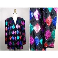 Heavy Diamond Shape Sequin Blazer/Colorful Jewel Fitted Jacket Retro Rhinestone Beaded Evening Coat | Etsy (US)