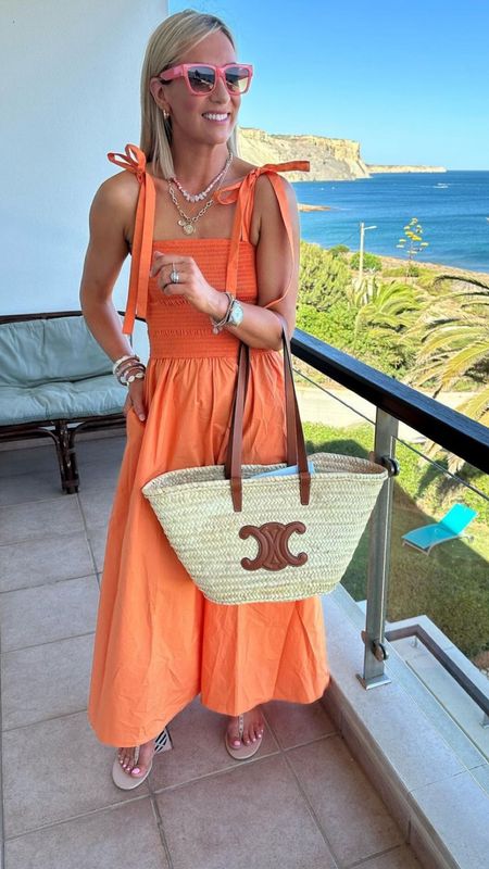 Tie-detail Smocked Dress, COS, Orange Sunglasses, Oliver Bonas, Loewe Raffia Bag, 24S, Rock-stud Sandals, Valentino Garavani, Mytheresa, 

#LTKeurope #LTKSeasonal #LTKstyletip