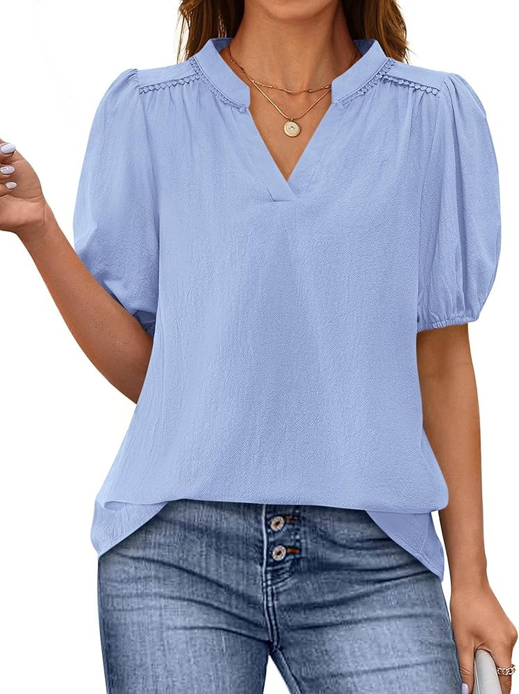 PRETTYGARDEN Womens Casual Summer Tops 2025 V Neck Short Puff Sleeve Pleated Cotton T Shirts Loos... | Amazon (US)