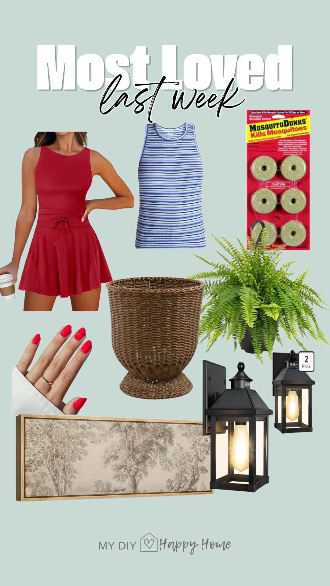 This past weeks most loved and best sellers 

Solar wall lanterns- pack of 2
Athletic dress with built in shorts 
High neck tank 
Mosquito dunk buckets 
Boston ferns, 2 pack 
Woven planter 
Manicure in a box
Vintage look artwork (I have this print over my bed)

#LTKHome #LTKSeasonal #LTKPetite
