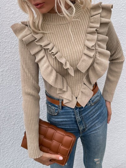 Ruffle Trim Rib Knit Sweater | SHEIN