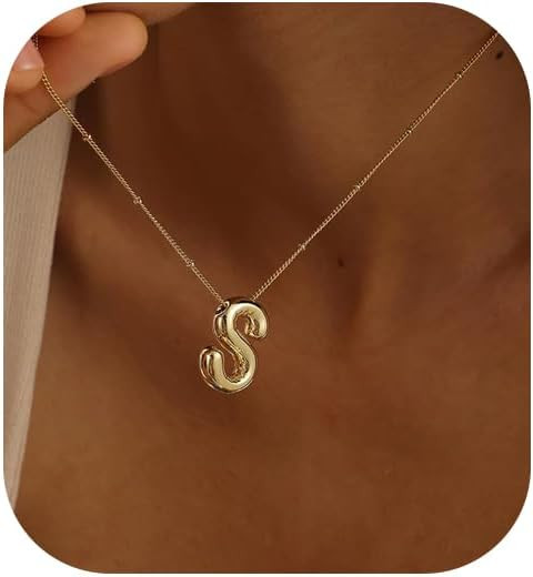 Initial Necklaces for Women, 14k Gold Plated Bubble Letter Necklace Chunky Gold Necklace Dainty C... | Amazon (US)