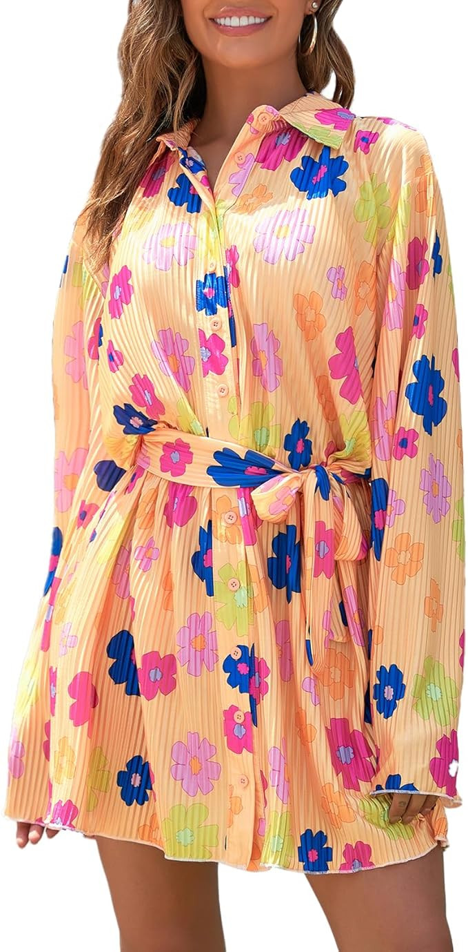 Neufigr Shirt Dresses for Women Summer Dresses Vneck Long Sleeve Mini Button Down Dress Casual Ru... | Amazon (US)