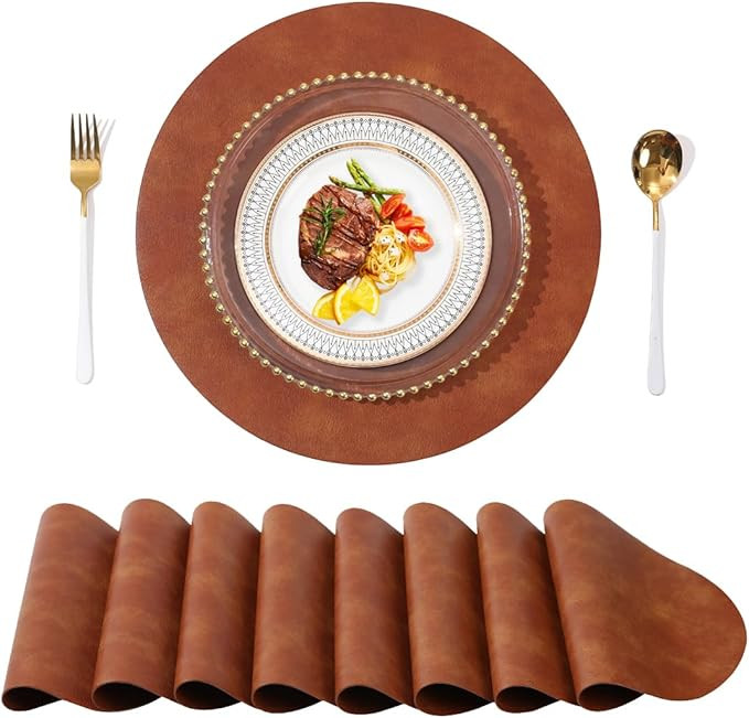 UnivoColors PU Leather Placemats Set of 8,15 Inches Round Washed Cowhide Pattern Table Mats for D... | Amazon (US)