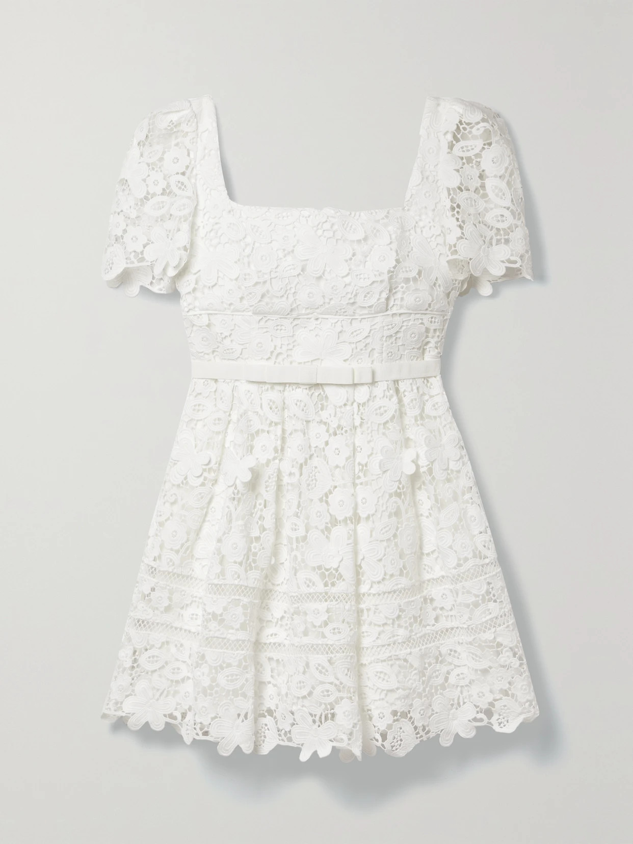 Self-Portrait - Grosgrain-trimmed Guipure Lace Mini Dress - White | NET-A-PORTER (US)