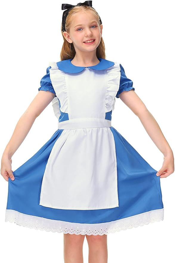 BesserBay Girls Halloween Ruffle Trim Tie Waist Blue Dress with White Apron 4-12 Years | Amazon (US)