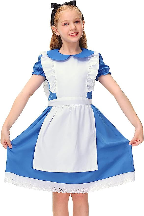 BesserBay Girls Halloween Ruffle Trim Tie Waist Blue Dress with White Apron 4-12 Years | Amazon (US)