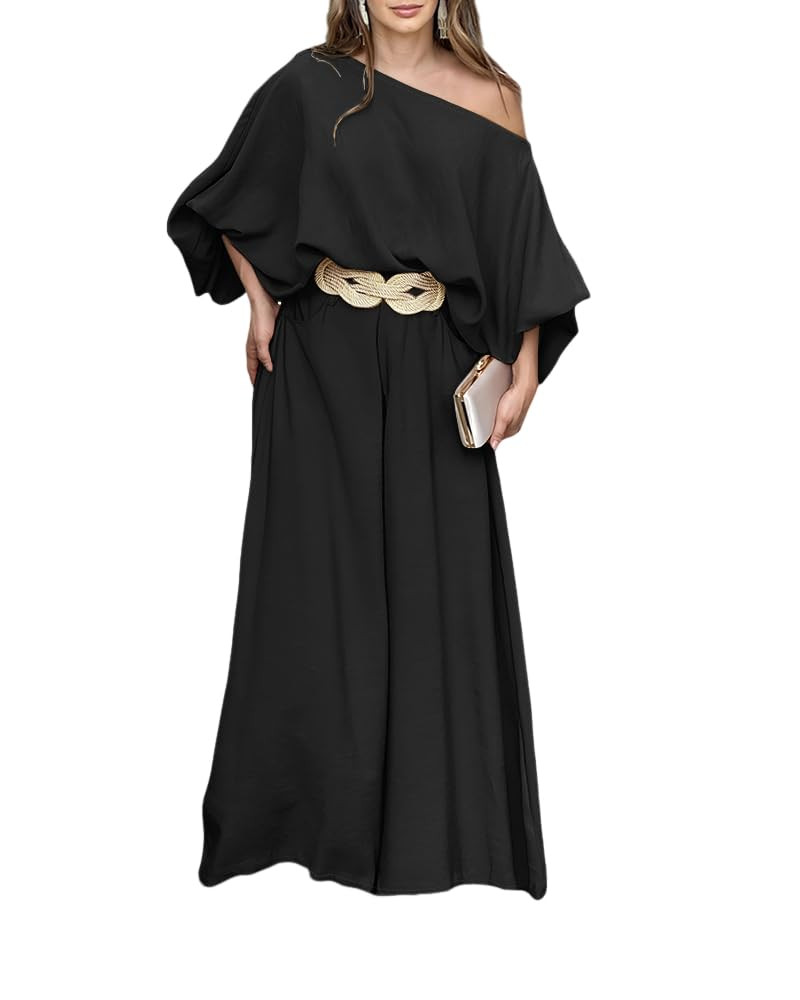 CHICME Women Summer 2 Piece Outfits Off Shoulder Lantern Sleeve Top Flowy Wide Leg Pants Set | Amazon (US)