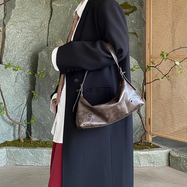 Vintage Brown Distressed Hobo Bag | Maillard Aesthetic Crossbody Shoulder Bag | Retro Baguette Ba... | Etsy (US)