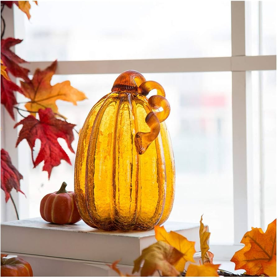 Glitzhome 9.06" Amber Hand Blown Crackle Glass Pumpkin for Fall Harvest Thanksgiving Halloween De... | Amazon (US)