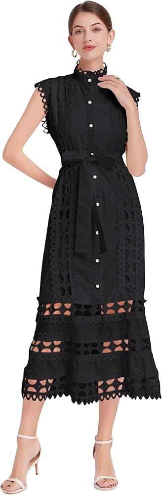 Womens Summer Sleeveless Hollow Out Button Up Casual Midi Party Dresses with Belt | Amazon (US)