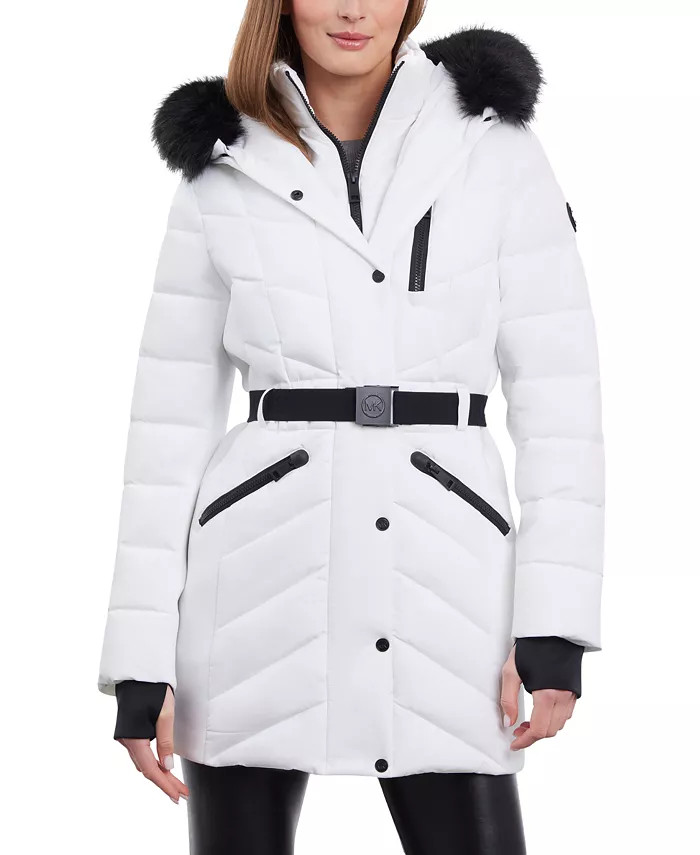 Michael Kors Women's Belted Faux-Fur-Trim Hooded Puffer Coat - Macy's | Macy's