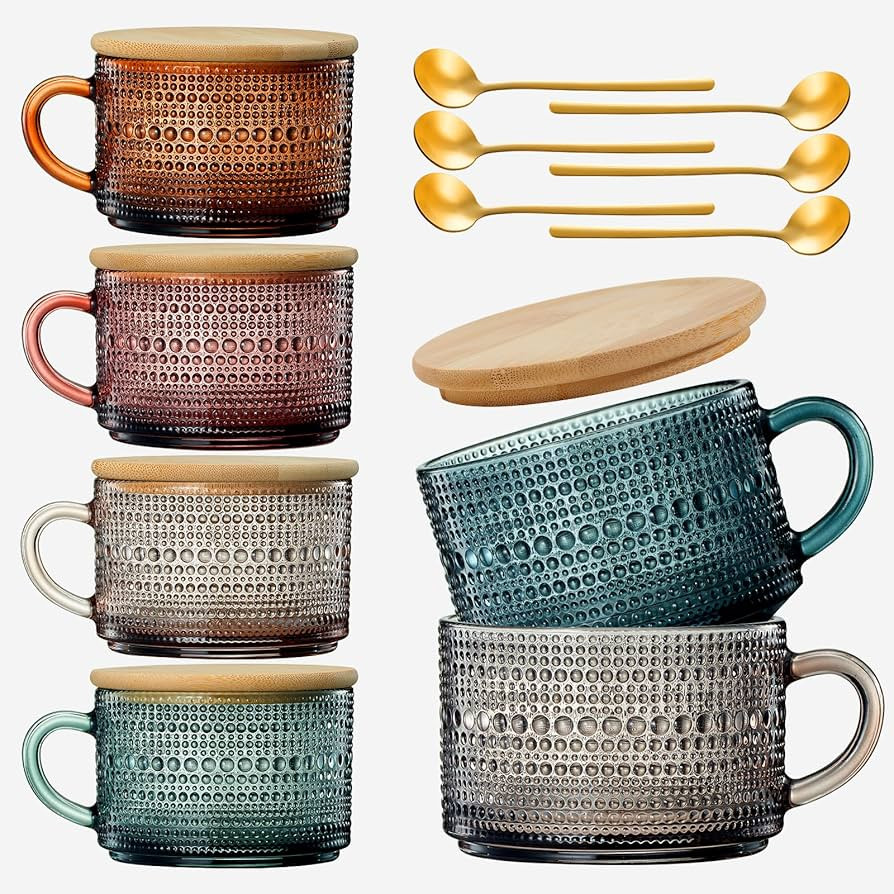 Vintage Glass Coffee Mugs Set With Handles, Spoons & Lid | Set of 6 | 15oz Hobnail Embossed With ... | Amazon (US)
