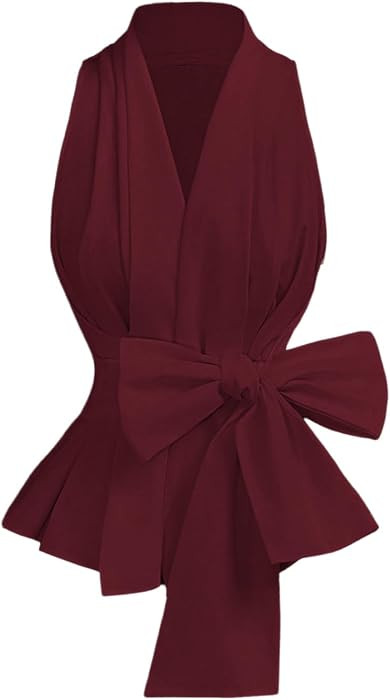 SOLY HUX Women's Tie Front Peplum Tank Top Wrap Collar V Neck Blouse | Amazon (US)