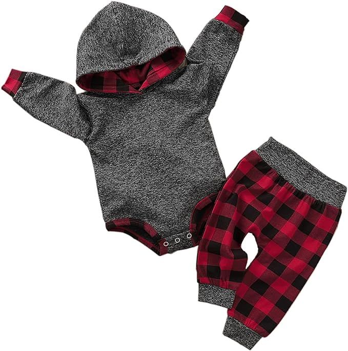 ODASIRA Newborn Baby Boy Clothes Fall Winter Infant Outfits Long Sleeve Hoodie Romper + Red Plaid... | Amazon (US)
