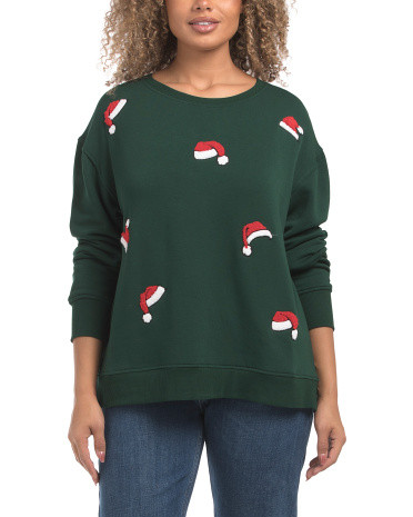 Long Sleeve Cozy Fleece Chenille Embroidered Santa Hats Sweatshirt | TJ Maxx