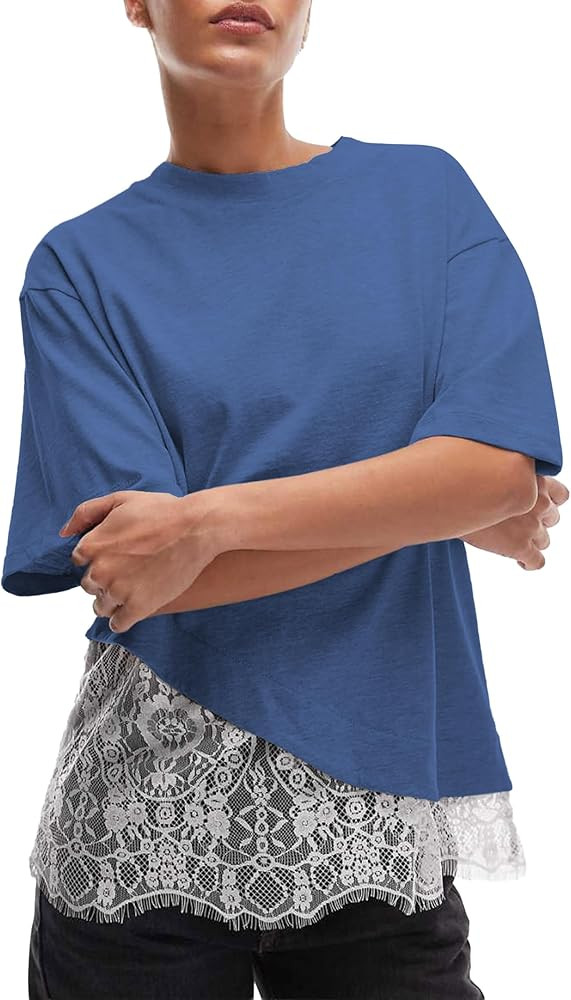 Women's Lace Patchwork Top Summer Daily Relaxed Fit Drop Shoulder Short Sleeve Blouse Casual Week... | Amazon (US)