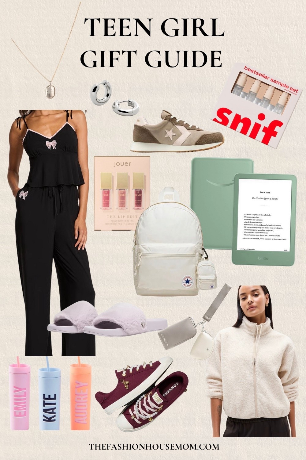 A teen girl gift guide. Perfect for tweens and teens. 
Pajama set, matcha green kindle, converse, wristlet, fuzzy slippers, clean lip gloss set, monogram tumbler, chic backpack, cool sneakers, silver earrings and locket. 

#LTKKids #LTKHoliday #LTKGiftGuide