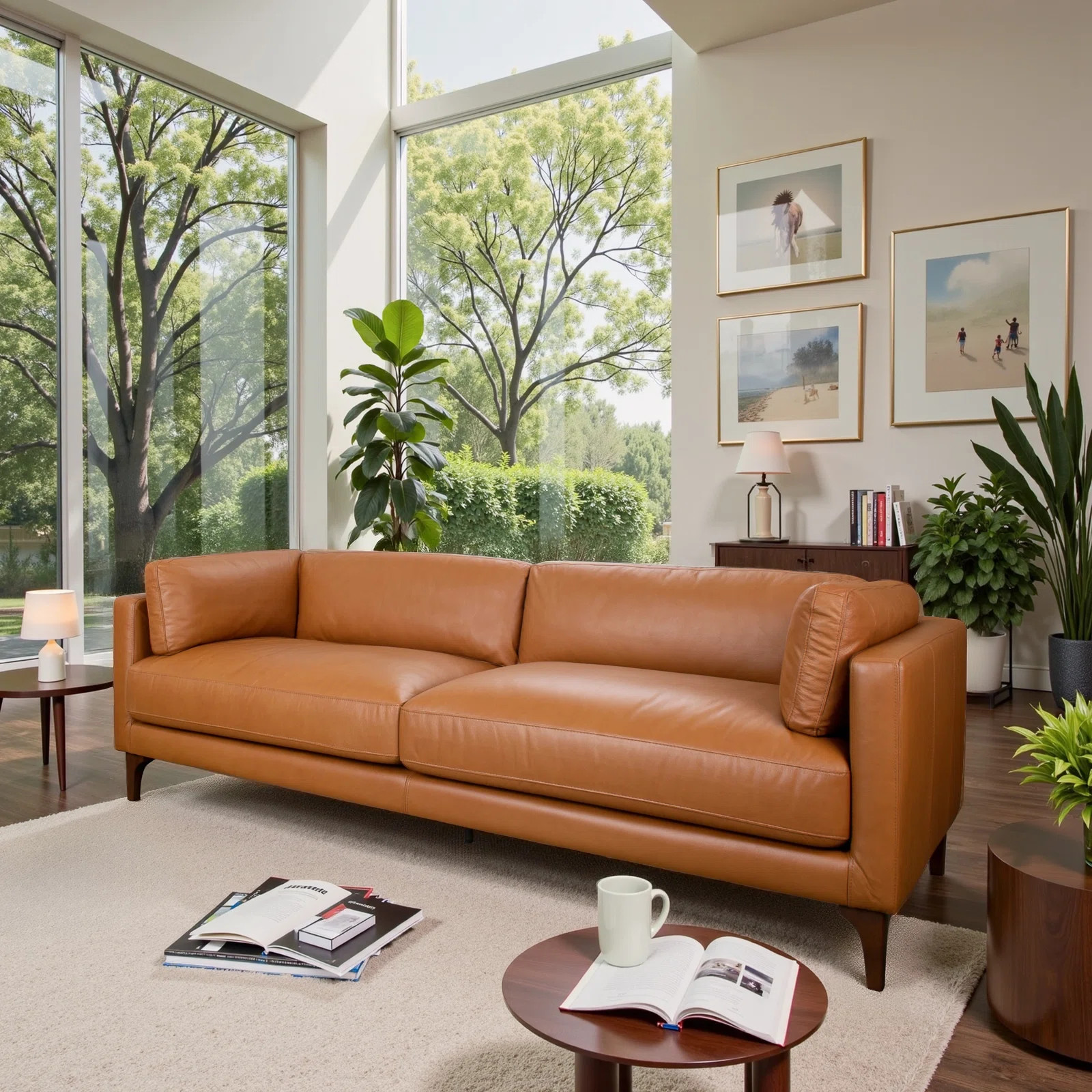 Solara Mid-Century Modern Leather Sofa with Walnut-finished Solid Wood Legs | Wayfair North America