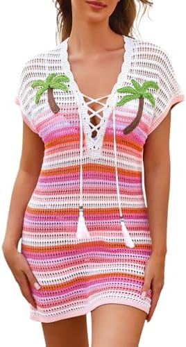 Crochet Beach Cover Up, Colorful Striped Cute Swimsuit Coverup 3D Coconut Tree Deep V Dress Vacat... | Amazon (US)
